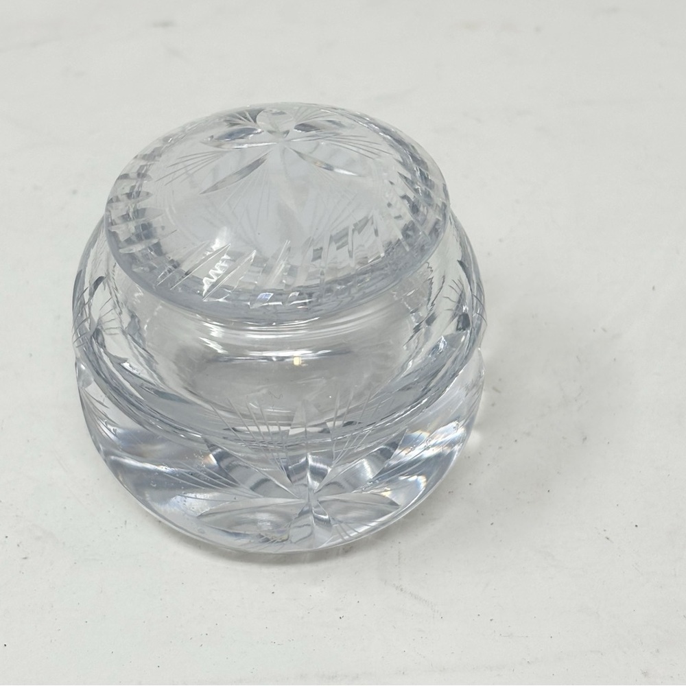 Round Lead Cut Crystal Trinket Bowl Dish With Lid Flowers Stars 3” X 2.5” MCM